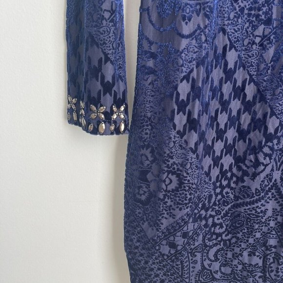 Venus Blue Burnout Velvet Embellished Long Sleeve Dress - Picture 5 of 7